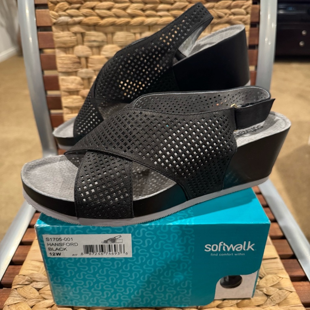 SoftWalk Wedge Sandals size 12 W Hansford Black Leather with Perforated Design